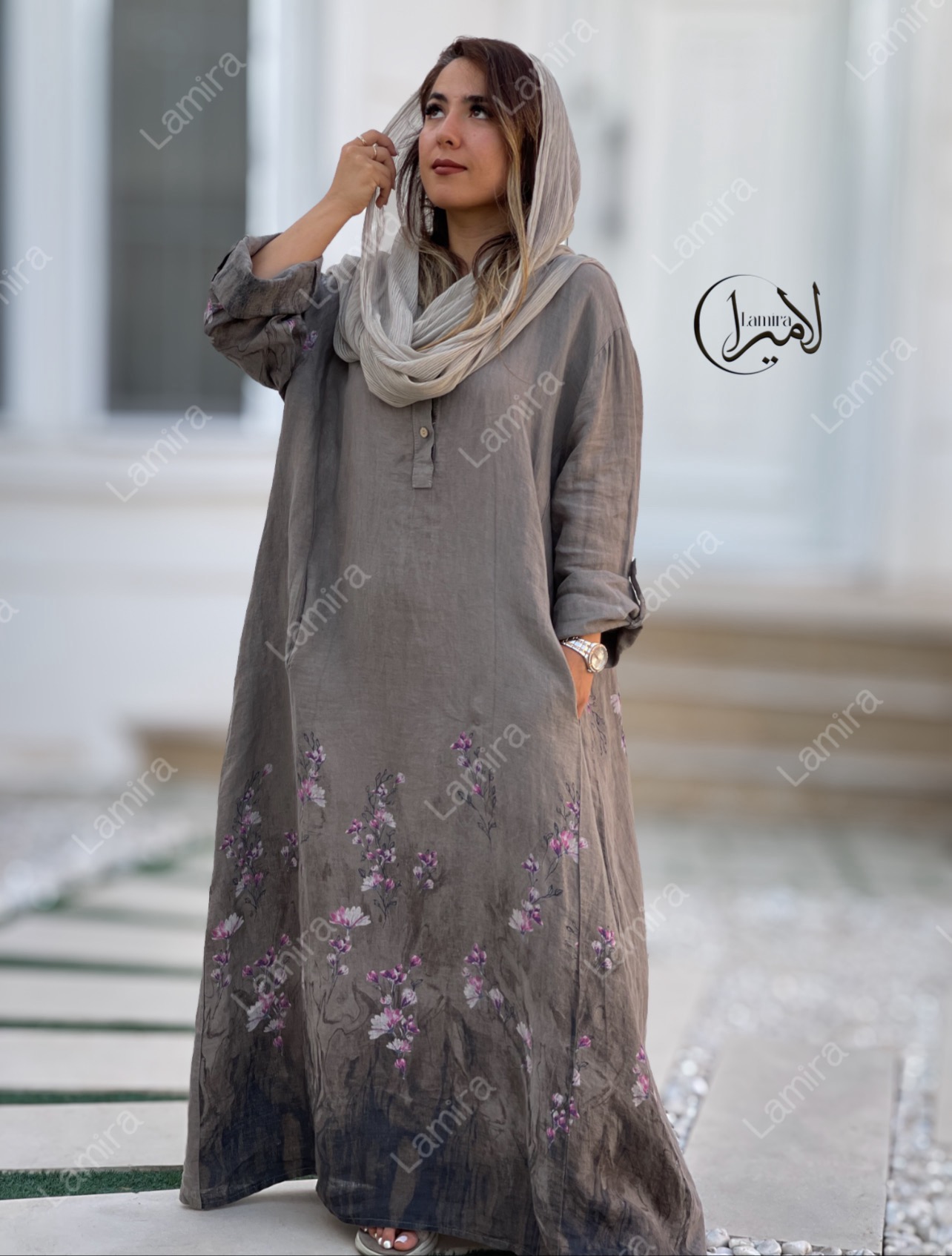 پیراهن-لینن-ایتالیایی-طرح-گل-ریز