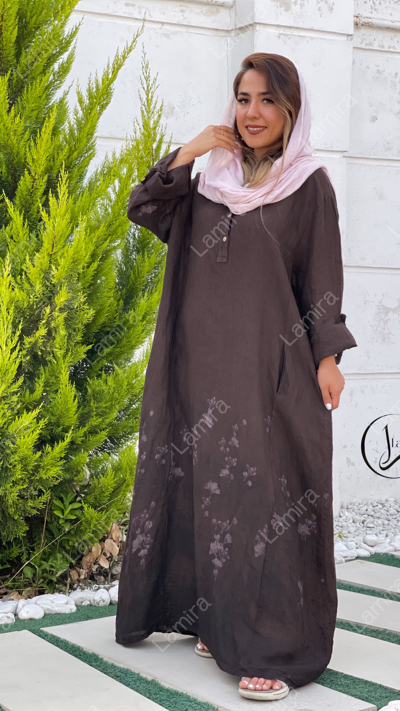 پیراهن-لینن-ایتالیایی-طرح-گل-ریز